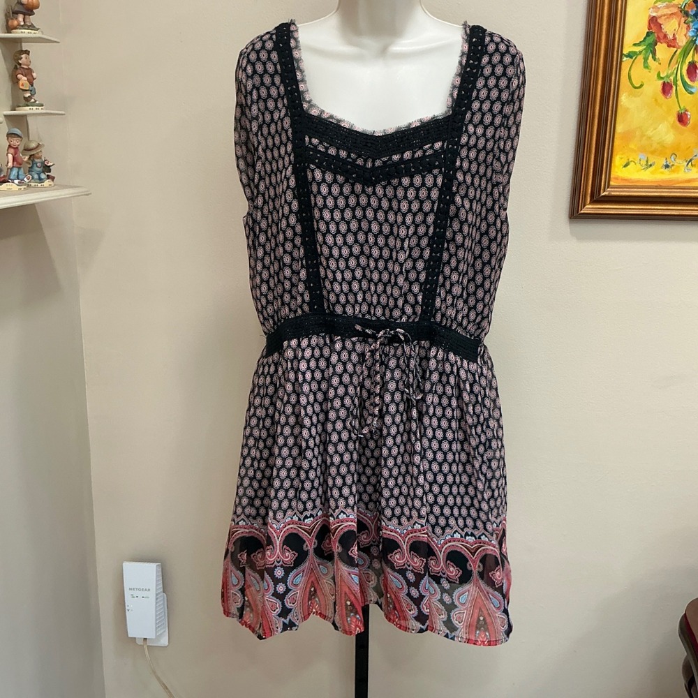 Miss Me Dress MDD167L Large Black Paisley Crochet Lace Boho Bell Sleeve Strappy